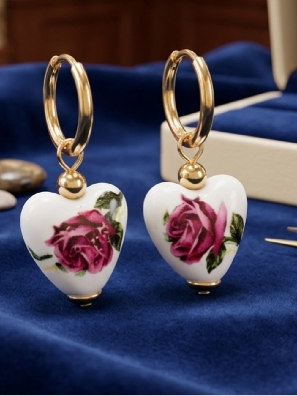 Dana Buchman Gold Hoop Earrings with White Heart Rose Drops hand painted art